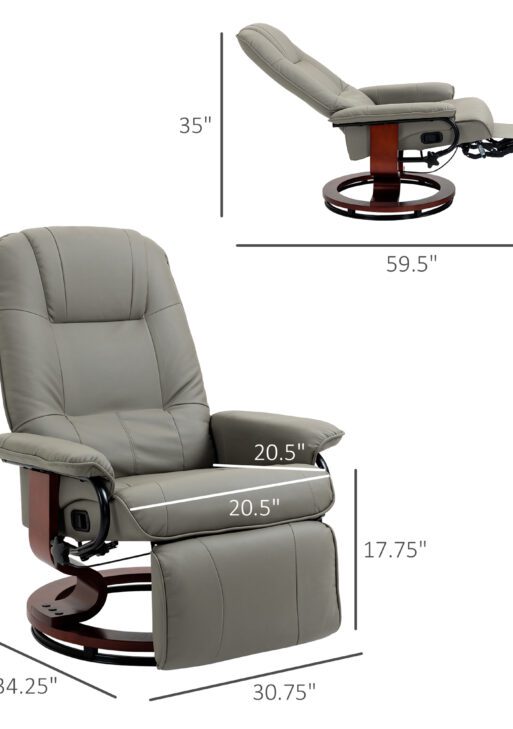 Faux Leather Manual Recliner, Adjustable Swivel Lounge Chair with Footrest, Armrest and Wrapped Wood Base for Living Room, Gray