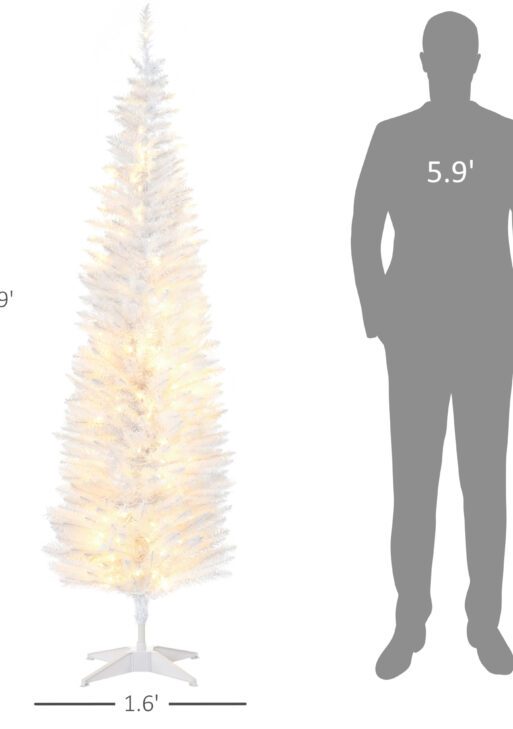 6ft Pencil Christmas Tree, Slim Artificial Christmas Tree with Realistic Branches and Warm White LED Lights, White