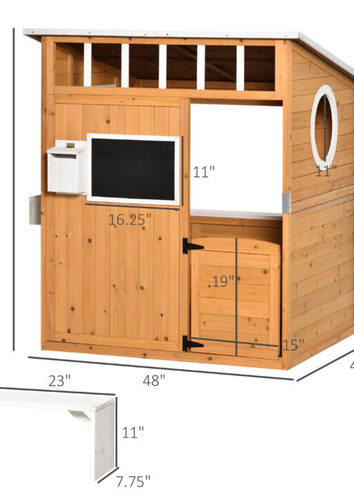 Wooden Playhouse for Kids Outdoor with Working Door, Windows, Mailbox, Bench, Flowers Pot Holder, 48" x 42.5" x 53"