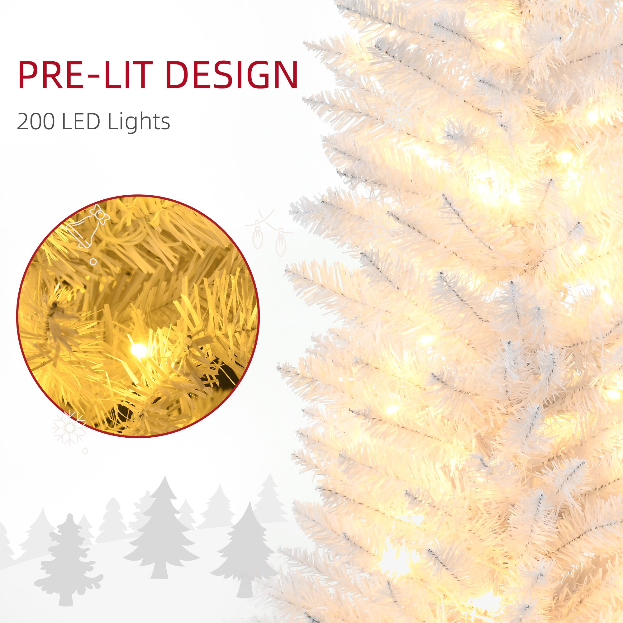 7ft Pencil Christmas Tree, Slim Artificial Christmas Tree with Realistic Branches and Warm White LED Lights, White - Image 3