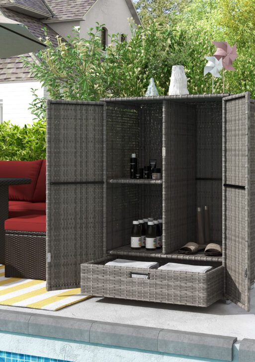 Outdoor Storage Cabinet with Shelves, Rattan Pool Towel Storage Cabinet with Removable Shelf & Drawer, Dark Gray