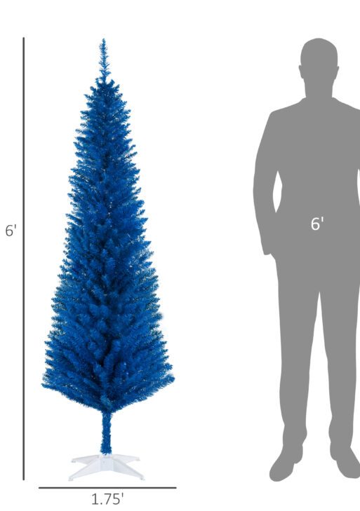 6FT Decorated Christmas Tree, Pencil Christmas Tree with 390 Realistic Branch Tips and Plastic Stand, Blue