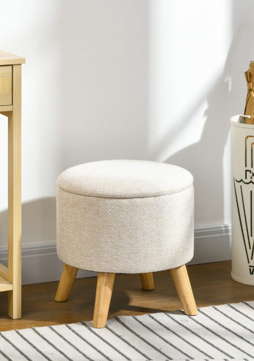 Round Ottoman Stool with Storage, Linen Fabric Upholstered Foot Stool with Padded Seat, Hidden Space and Wood Legs