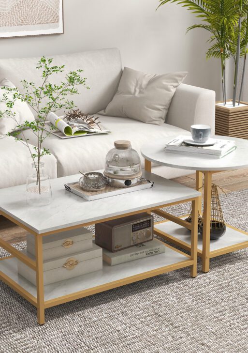 Coffee Tables Set of 2, Rectangle and Round Coffee Table with Storage Shelves, Faux Marble Top, Living Room Table Set