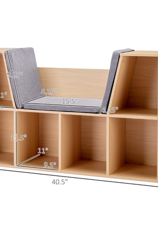 6-Cubby Kids Bookcase with Reading Nook and Cushion, Multi-Purpose Storage Organizer for Bedroom, Living Room, Natural
