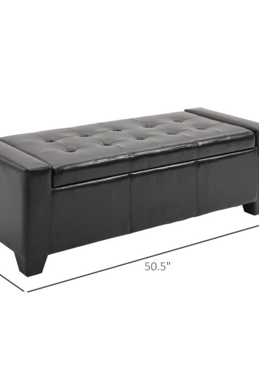 51" Ottoman with Storage, Storage Ottoman Bench with Safty Hinge, Faux Leather Upholstered Entryway Bench with Seating for Living Room, Bedroom, Holds up to 330 lb, Black