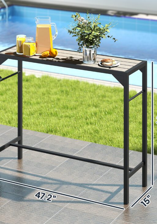 Outdoor Bar Table, Bar Height Patio Bar Table w/ Built-In Bottle Opener, Plastic Top with Wood Grain, 47.25" x 15" x 39"