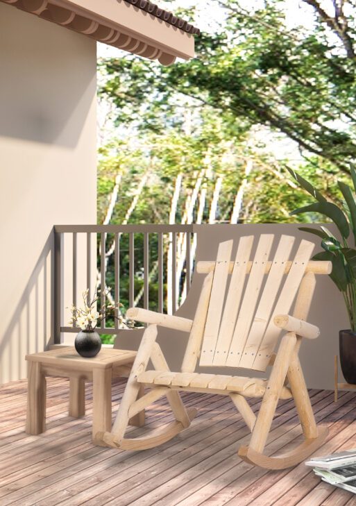 Outdoor Wooden Rocking Chair, Single-Person Rustic Adirondack Rocker with Slatted Seat, High Backrest, Armrests for Patio, Garden and Porch, Natural