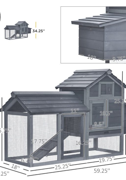 59" Small Wooden Chicken coop Hen House Poultry Cage for Outdoor Backyard with 2 Doors, Nesting Box and Removable Tray, Gray