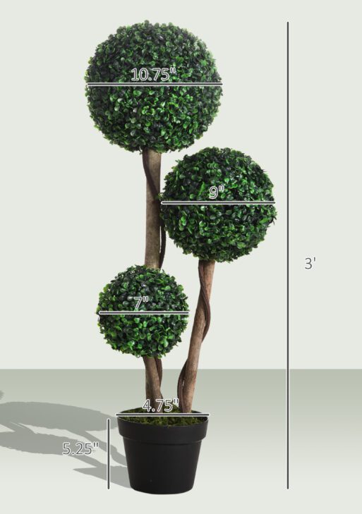 Artificial Plant for Home Decor Indoor & Outdoor Fake Plants Artificial Tree in Pot, 3 Ball Boxwood Topiary Tree for Home Office, Living Room Decor, Dark Green