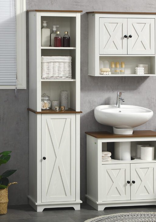 Farmhouse Bathroom Cabinet, Tall Storage Cabinet with Door and Adjustable Shelves, 15.5" x 11.75" x 63", White