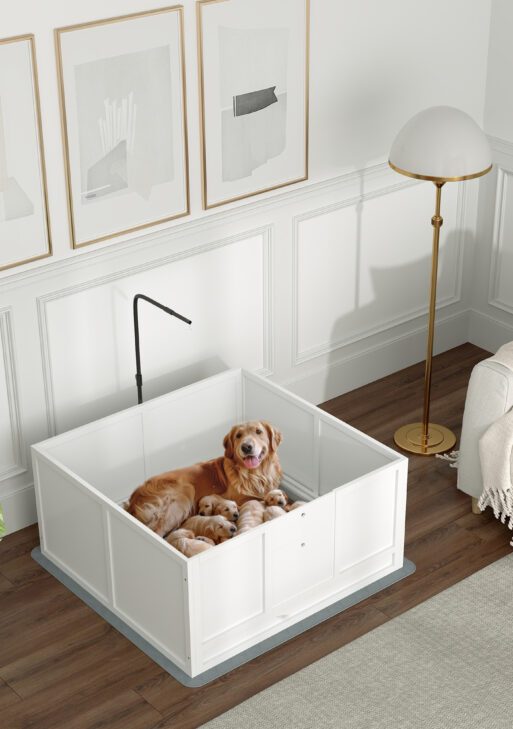 Whelping Box for Puppies with Pee Pad, Pig Rail, Adjustable Door for Small, Medium & Large Breed Dogs Birth, 41" x 39"