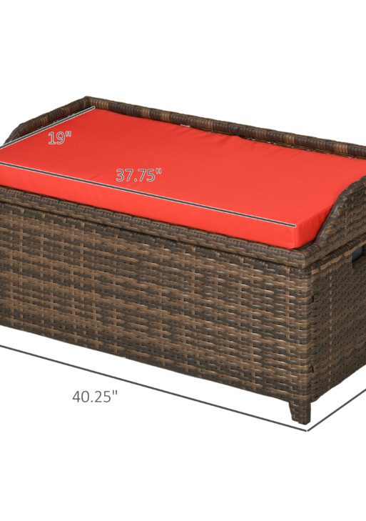 34 Gallon Outdoor Wicker Storage Bench Deck Box, PE Rattan Patio Furniture Pool Storage Bin Container with Interior Waterproof Cloth Bag and Comfortable Cushion, Red