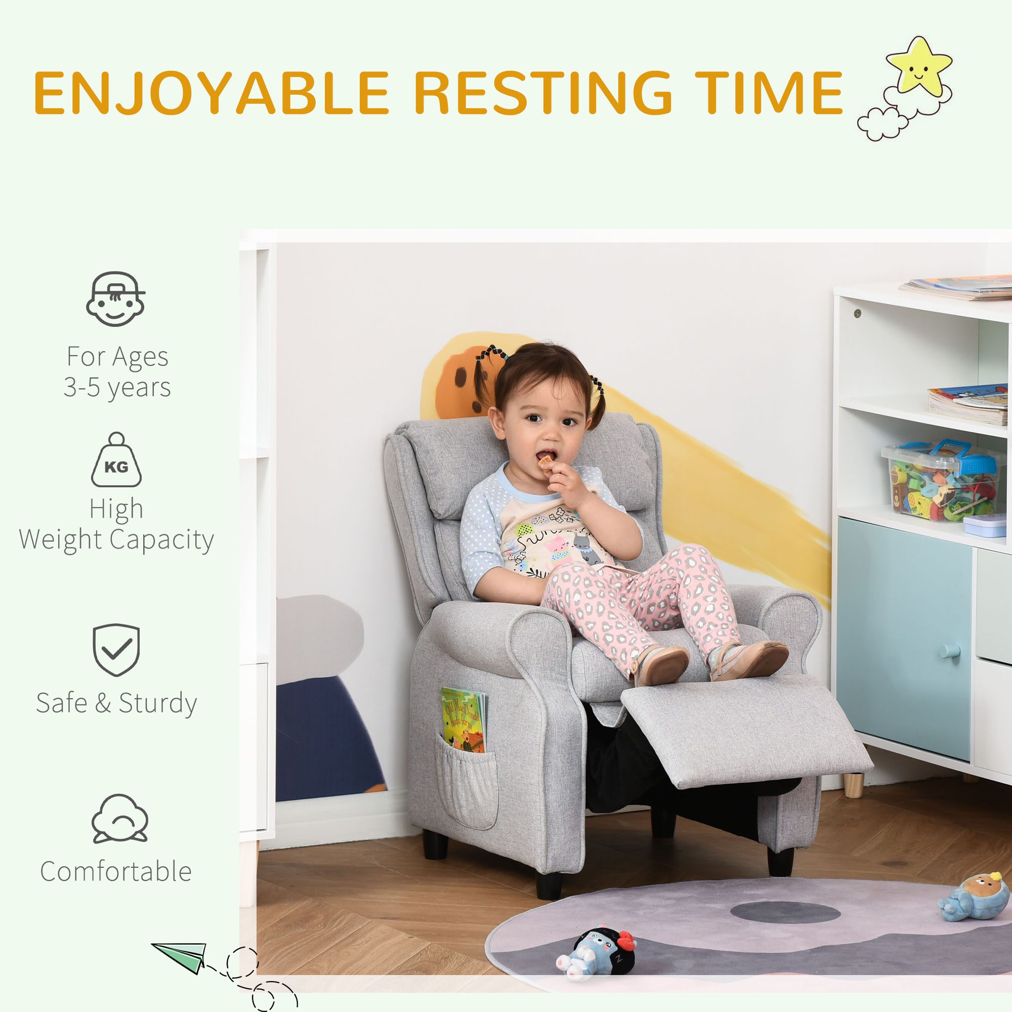 Kids Recliner Chair Children Sofa Angle Adjustable Single Lounger Armchair Gaming Chair with Footrest 2 Side Pockets for 3-5 Years, Light Grey - Image 2