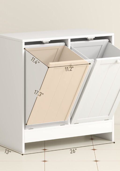 Tilt-out Laundry Storage Cabinet with 2 Compartment Hampers, White