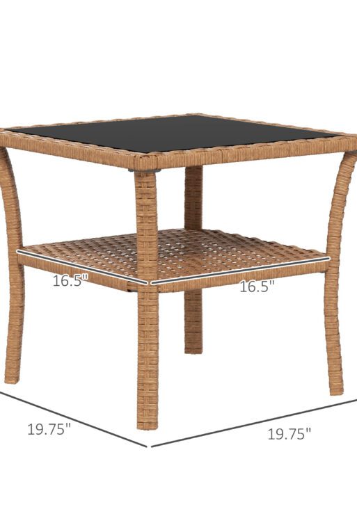 Rattan Side Table, Outdoor End Table with Storage Shelf, Aluminum Frame Square, Coffee Table with Tempered Glass Top, Sand