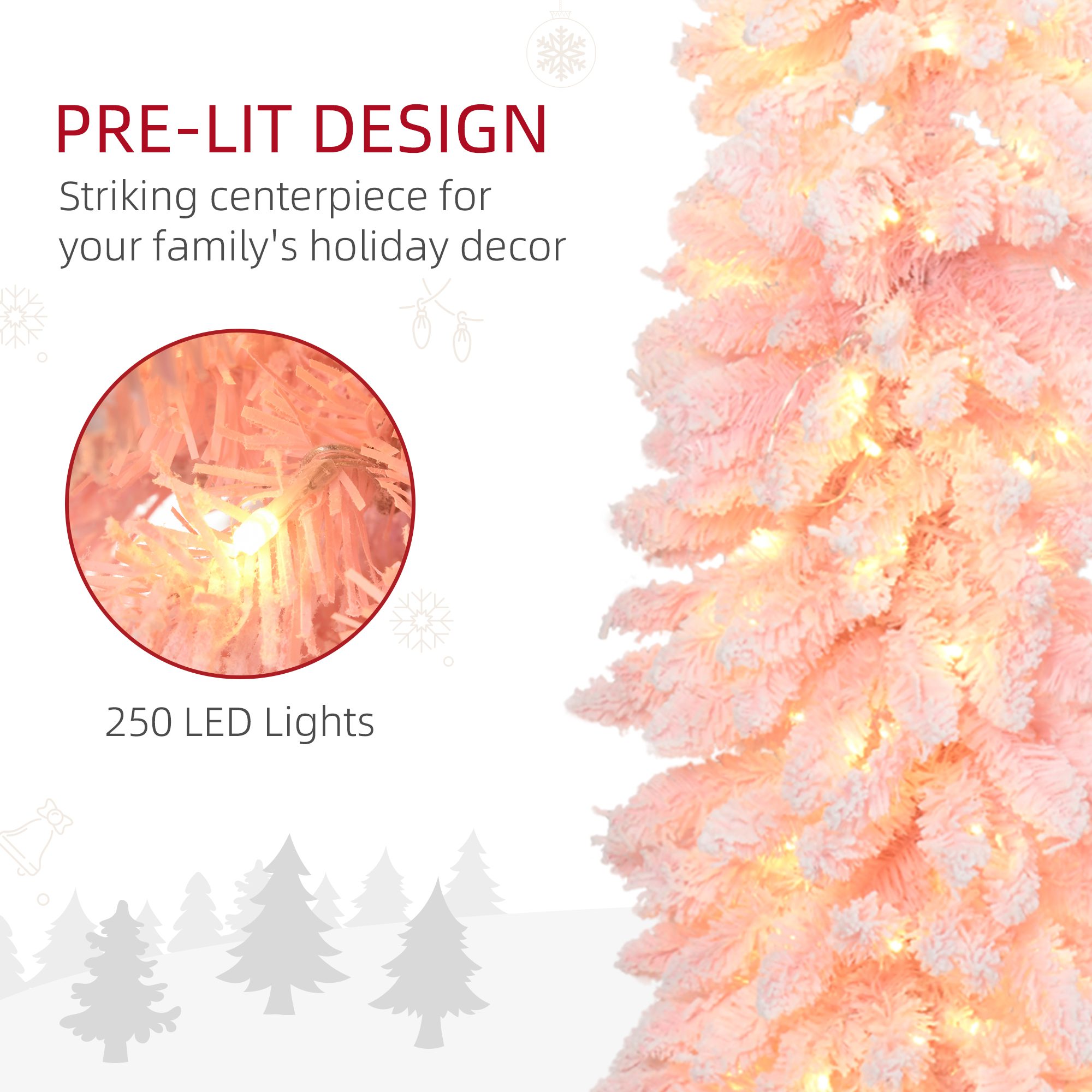 7' Flocked Christmas Trees, Pencil Prelit Artificial Christmas Tree with Snow Downswept Branches, Pink - Image 4