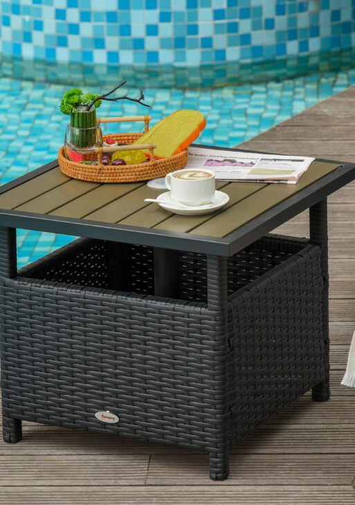 22" Outdoor Side Table with Umbrella Hole, Rattan Wicker End Table with Sand Bag and Steel Frame for Outdoor, Patio, Garden, Backyard, Black & Tan