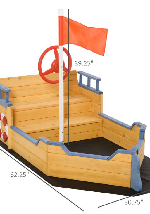 Kids Wooden Sandbox Pirate Ship Sandboat w/ Bench Seat Storage Space Ceder Wood