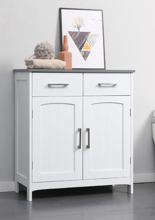Bathroom Floor Cabinet, Freestanding Linen Cabinet, Storage Cabinet with 2 Drawers, Double Doors, Adjustable Shelf, White