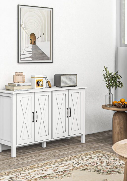 Sideboard Buffet with 4 Barn Doors and 2 Adjustable Shelves, Kitchen Buffet Cabinet for Living Room, Hallway, White