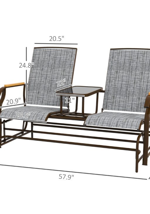 Outdoor 2-Person Glider Bench, Outside Glider Swing Chair Loveseat with Table, Steel Frame, Gray