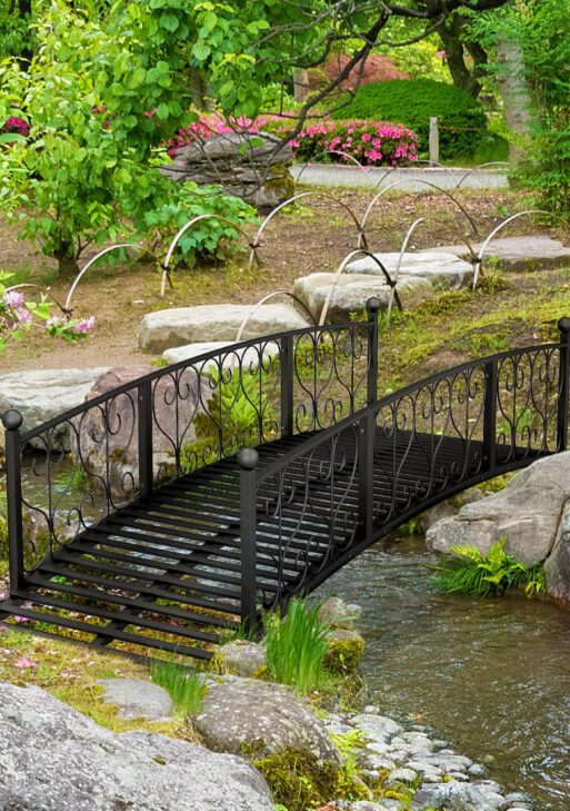 7' Metal Arch Garden Bridge Arc Footbridge with Side Railings Decorative Scrollwork, Black