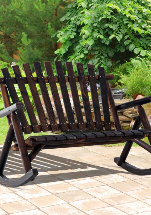 Outdoor Wooden Rocking Chair, Double-Person Rustic Adirondack Rocker with Slatted Seat, High Backrest, Armrests for Patio, Garden and Porch, Carbonized