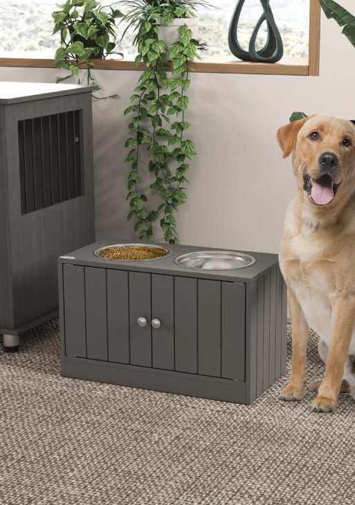 Elevated Dog Bowls with Storage Cabinet Containing Large 44L Capacity, Gray