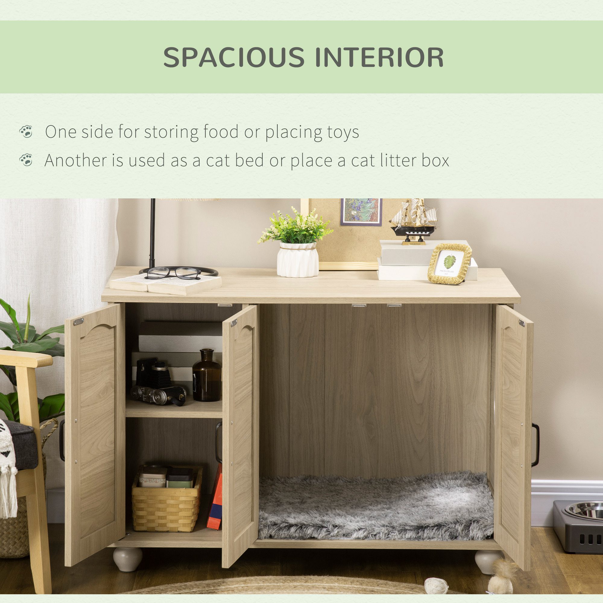 Cat Litter Box Enclosure Side Table, Cat Washroom Storage with Soft Cushion, PE Rattan, Adjustable Partition, Oak - Image 3