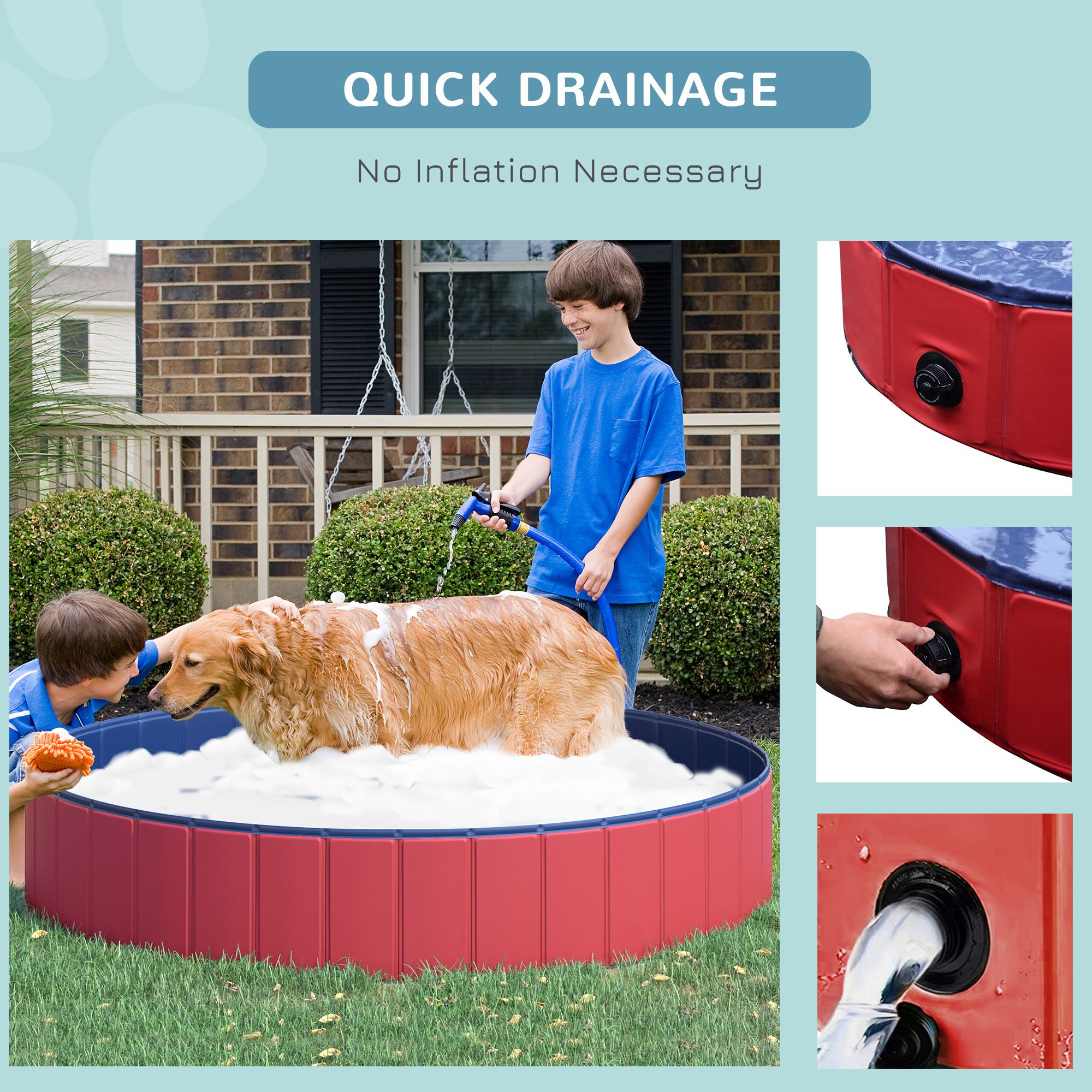 Foldable Pet Swimming Pool, Portable Dog Bathing Tub, 12" x 63" Plastic Large Dog Pool for Outdoor Dogs and Cats, Red - Image 2