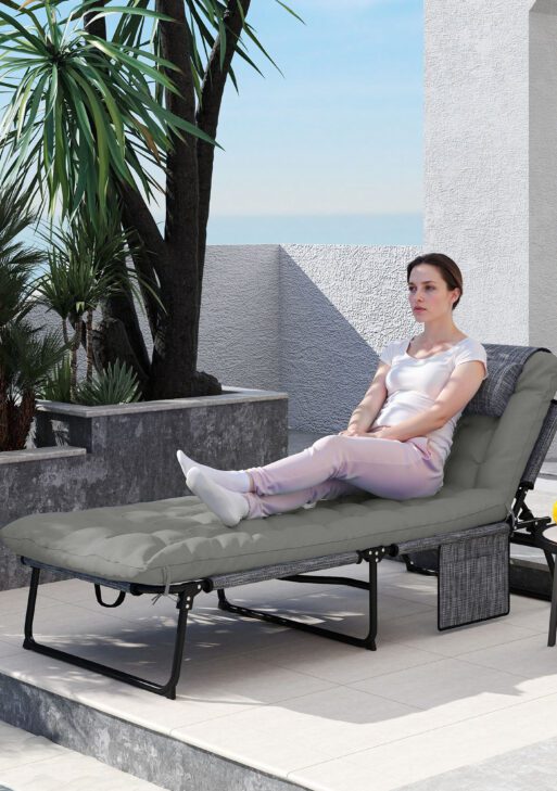 Folding Chaise Lounge Pool Chair with 4-level Reclining Back, Cushion, Side Pocket, Headrest, Gray