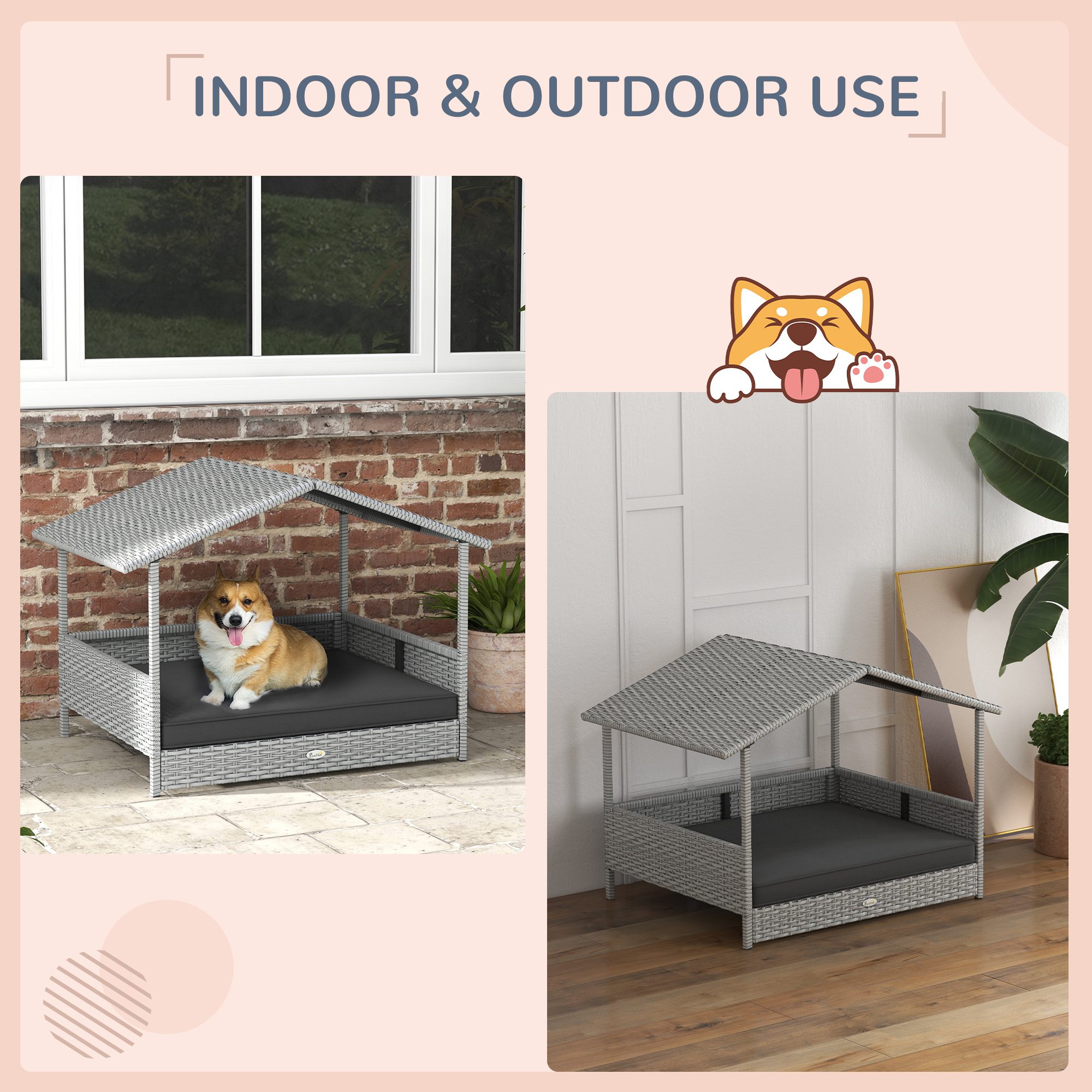 Wicker Dog House Outdoor with Canopy, Rattan Dog Bed with Water-resistant Cushion, Raised Pet Bed for Small, Medium Breeds up to 66 lbs, 20" in Length, Silver Wicker, Gray Cushion - Image 2