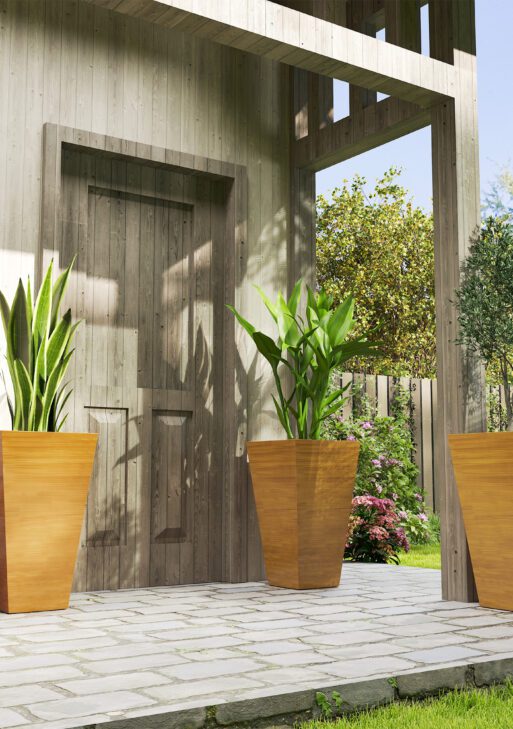 Set of 3 Tall Planters, 28" Outdoor Planter w/ Drainage Holes, Faux Wood Plastic Flower Pots, Light Brown