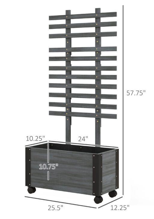 Wooden Raised Garden Bed, Planter Box w/ Trellis and Metal Corners, Portable on Wheels for Patio, Backyard, Deck, Gray