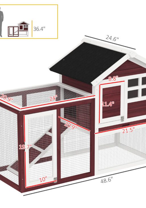 49" Wooden Rabbit Hutch Bunny Cage with Waterproof Asphalt Roof, Fun Outdoor Run, Removable Tray and Ramp, for Rabbits, Chickens, Ducks, Brown