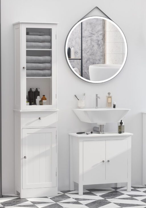 Slim Bathroom Storage Cabinet, Tall Bathroom Cabinet, Narrow Linen Tower with Acrylic Door, Drawer and Shelves, White