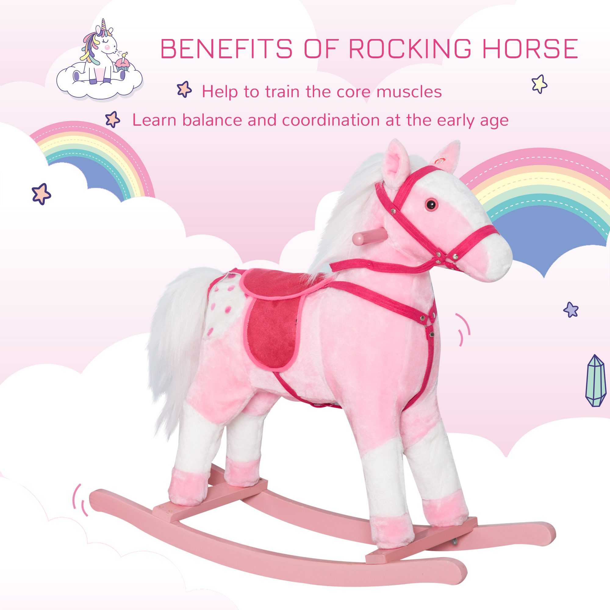 Kids Plush Toy Rocking Horse Pony Toddler Ride on Animal Rocker with Realistic Sounds, Birthday Gifts for Girls, Pink - Image 4