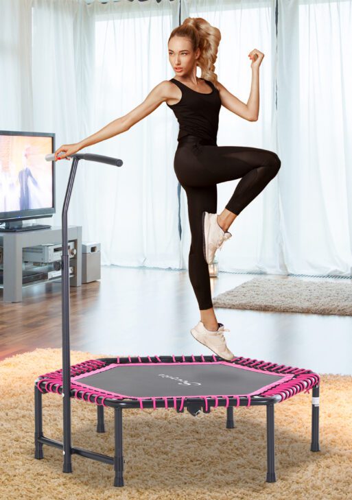 48" Adult Hexagon Rebounder Trampoline Fitness Bungee Jumping Cardio Trainer Outdoor Bouncer Jumper Adjustable Bar Pink