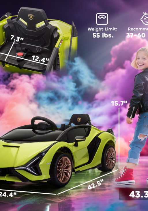 12V Lamborghini SIAN Licensed Electric Car for kids with Remote Control, Horn, Music, & Headlights, Green