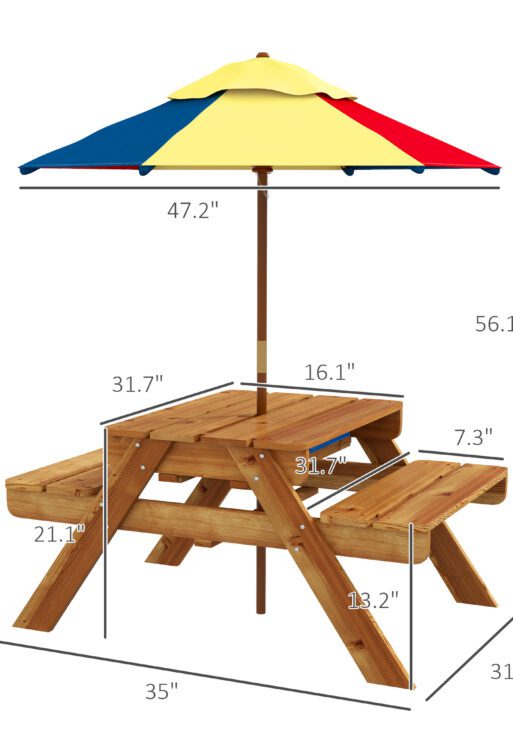Sensory Table 3 in 1 Toddler Water and Sand Table w/ Foldable Umbrella 2 Play Boxes Removable Top, 3-6 Years Old, Teak