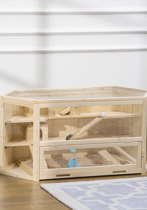 Wooden Large Hamster Cage Small Animal Exercise Play House 3 Tier with Tray, Seesaws, Water Bottle, Activity Center, Natural