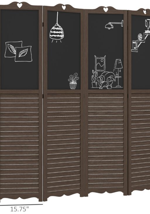 Wooden Room Divider with Blackboard, 4 Panel Folding Privacy Screen for Home Office, 5.5', Walnut Brown