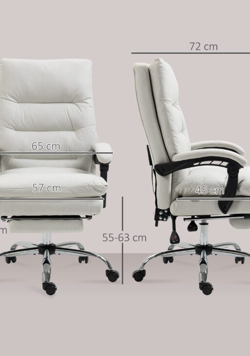 Microfibre Executive Massage Office Chair, Computer Desk Chair, Heated Reclining Chair with Footrest, Double-tier Padding, Swivel Wheels, Cream White