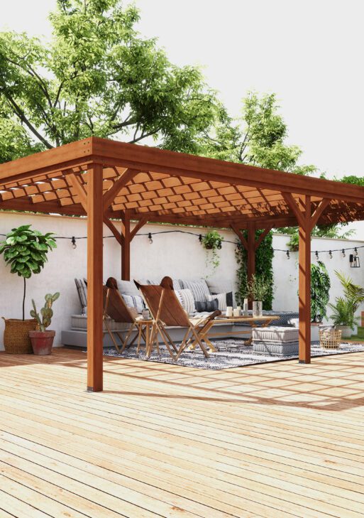 12' x 20' Outdoor Wooden Pergola, Grape Vine Gazebo with Concrete Anchors for Garden, Patio, Backyard, Deck, Brown