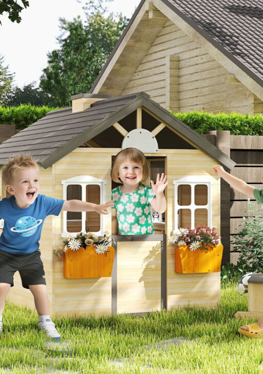 Wooden Playhouse for Kids Outdoor Garden Pretend Play Games, Adventures Cottage, with Working Door, Windows, Bench, Service Station, Flowers Pot Holder, for 3-7 Years Old