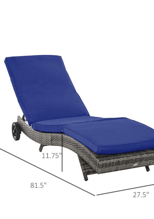 Patio Wicker Chaise Lounge Chair, Outdoor PE Rattan Sun lounger with Adjustable Backrest and 2 Wheels, Dark Blue