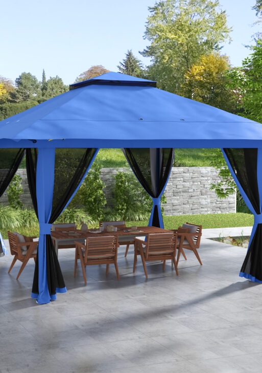 13' x 13' Pop Up Gazebo Instant Canopy Tent Shelter with 2-Tier Roof, Carry Bag, Wight Bags for Outdoor, Garden, Blue