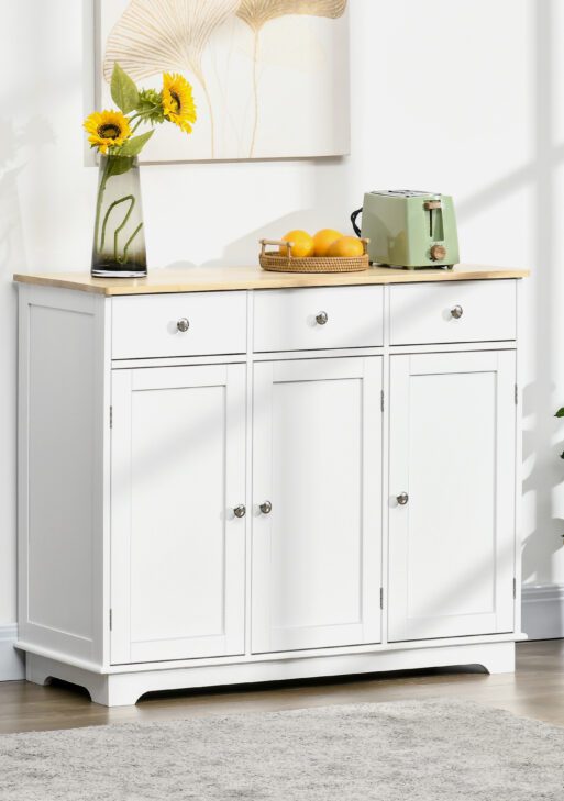 Modern Sideboard with Rubberwood Top, Buffet Cabinet with Storage Cabinets, Drawers and Adjustable Shelves, White