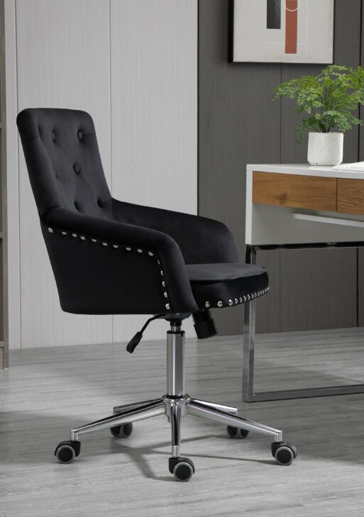 Modern Mid-back Desk Chair with Button Tufted Velvet Back, Nailhead Trim, Swivel Home Office Chair with Adjustable Height, Curved Padded Armrests, Black
